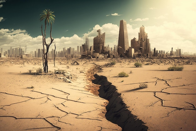 Modern city with tall buildings and skyscrapers in the background while in the foreground a cracked and arid landscape depicts a global drought Generative AI