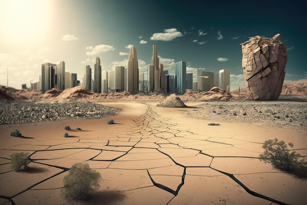 Modern city with tall buildings and skyscrapers in the background while in the foreground a cracked and arid landscape depicts a global drought Generative AI