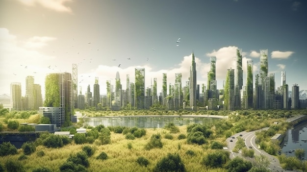 A modern city with vegetation Generative AI