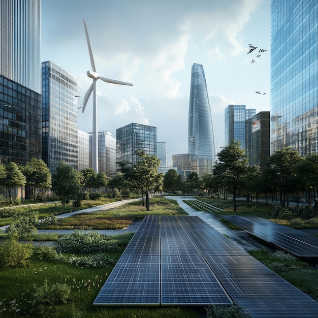 Photo modern city with wind turbine and solar panels