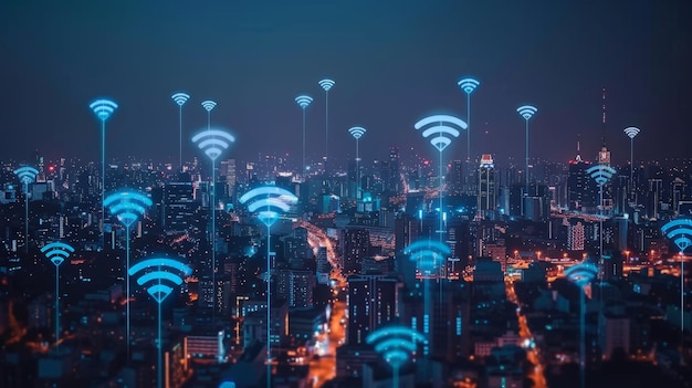 Modern city with wireless network connection and city scape conceptWireless network and Connection technology concept with city background at night