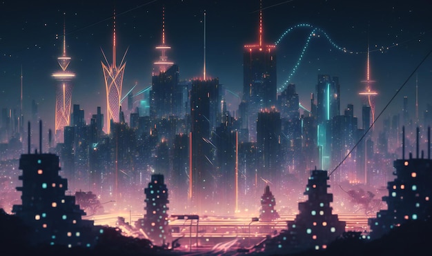 A modern city with a wireless network connection depicted in a cityscape concept with a night background