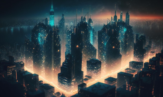 A modern city with a wireless network connection depicted in a cityscape concept with a night background