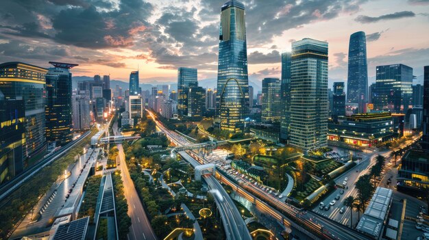 Modern Cityscape at Dusk with Green Rooftops and Solar Energy