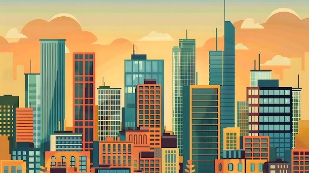 Modern Cityscape Illustration with Tall Buildings and Sunset Sky