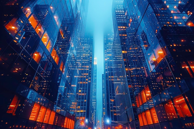 Modern cityscape with glass skyscrapers at night illuminated with vibrant lights and shrouded in mis