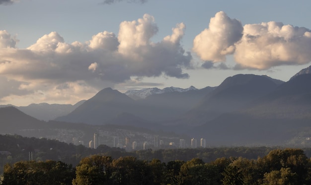 Modern cityscape with mountains in background sunny and cloudy sunset sky