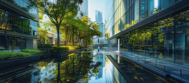 Modern Cityscape with Reflecting Pond