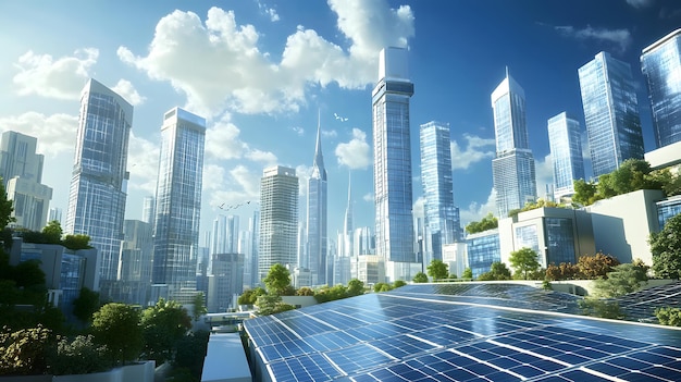 Photo modern cityscape with rooftop solar panels and green spaces