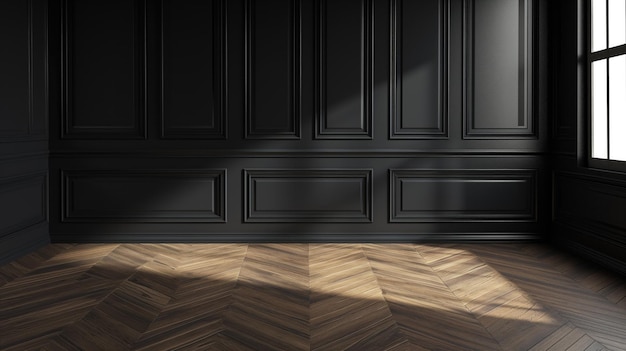 Modern classic black empty interior with wall panels and wooden floor