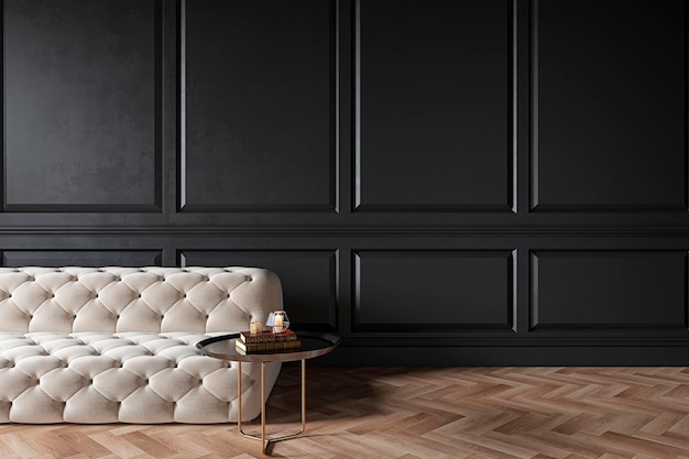 Modern classic black interior with capitone chester sofa coffee table wood floor mouldings