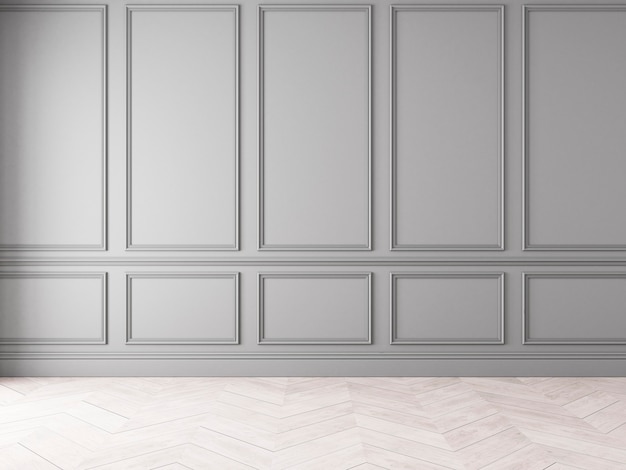 Modern classic gray empty interior with wall panels and wooden floor. 3d render illustration mock up.