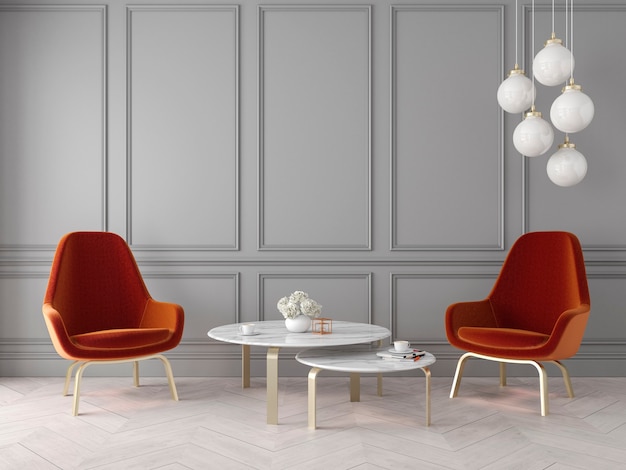 Modern classic interior with armchairs, lamp, table, wall panels and wooden floor. 3d render illustration .