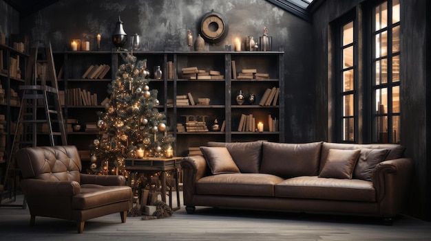 Modern classic living area interior in luxury apartment with Christmas decor Leather sofa and armchair coffee table bookcase elegant Christmas tree large windowsContemporary home decor