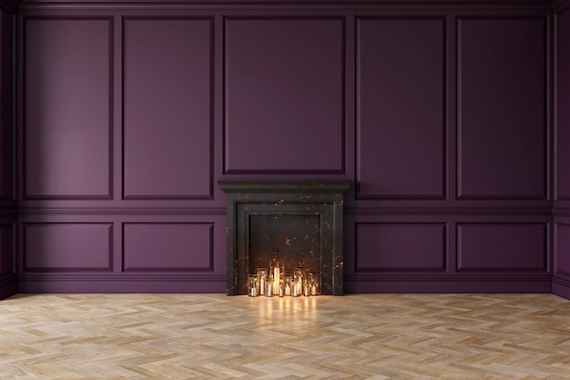 Modern classic purple interior with fireplace wall panels wooden floor