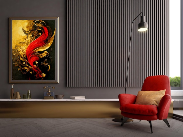 Modern classic red armchairs and art painting in living room