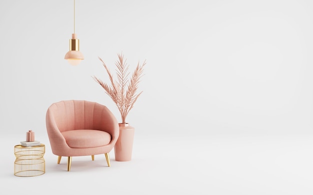 Modern classic style with pink armchair and gold table on white background