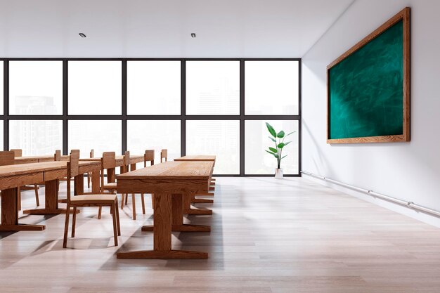 Photo modern classroom interior with wooden desks and large windows 3d rendering