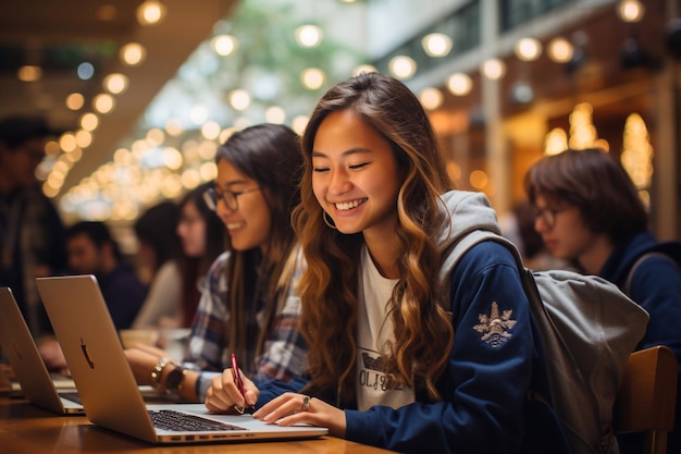 Modern Classroom Scene Female Student Using Laptop in School or College with Her Friends Generative Ai