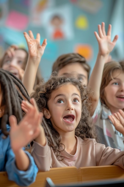 Photo modern classroom with diverse kids excited for their lesson