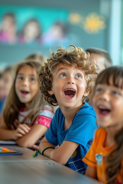 Photo modern classroom with diverse kids excited for their lesson