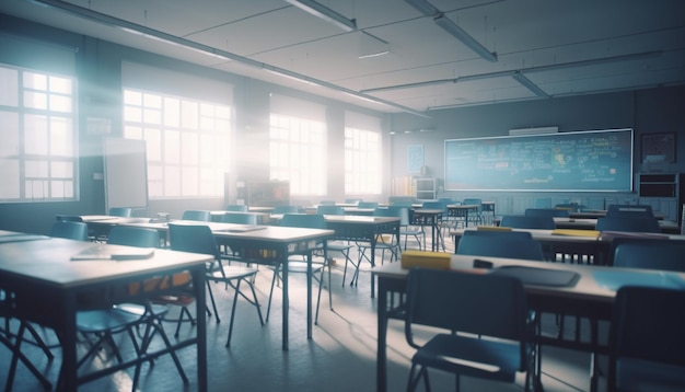 Modern classroom with empty chairs and desks generated by AI