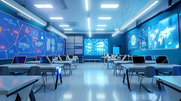 Modern classroom with glowing blue screens on the walls and laptops on each desk