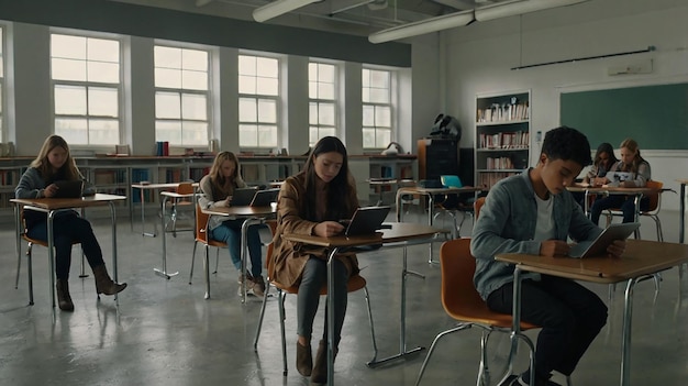 A Modern Classroom with Students Using Laptops and Tablets