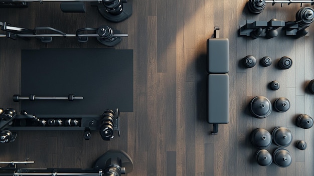 Photo modern clean gym equipment setup overhead shot top view gym with dumbbells equipment