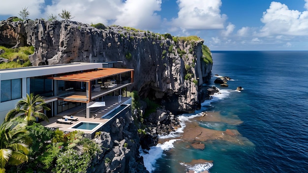 A modern cliffside villa with a stunning view of the ocean