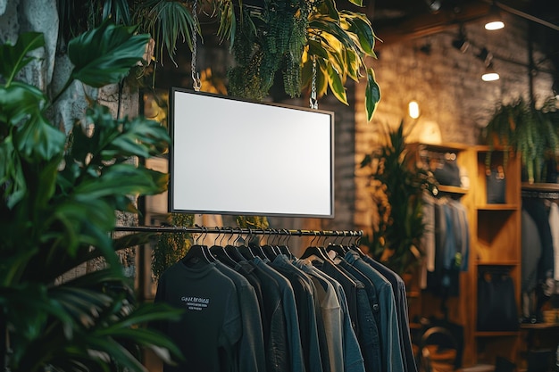 Photo modern clothing store display with greenery and empty sign