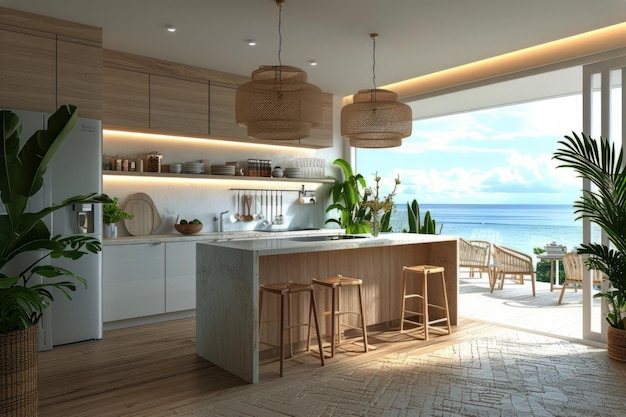 Photo a modern coastal kitchen with a large island located next to the ocean