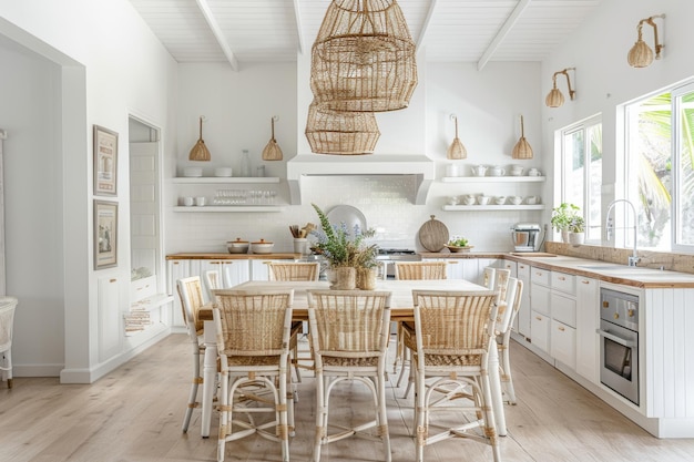 Photo modern coastal kitchen with wicker pendant lights and farmhouse table