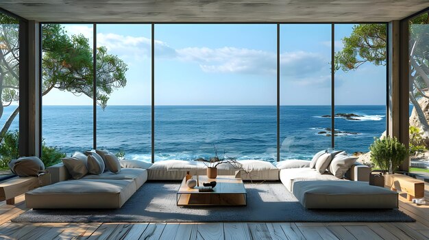 Photo modern coastal living room with ocean view 3d illustration