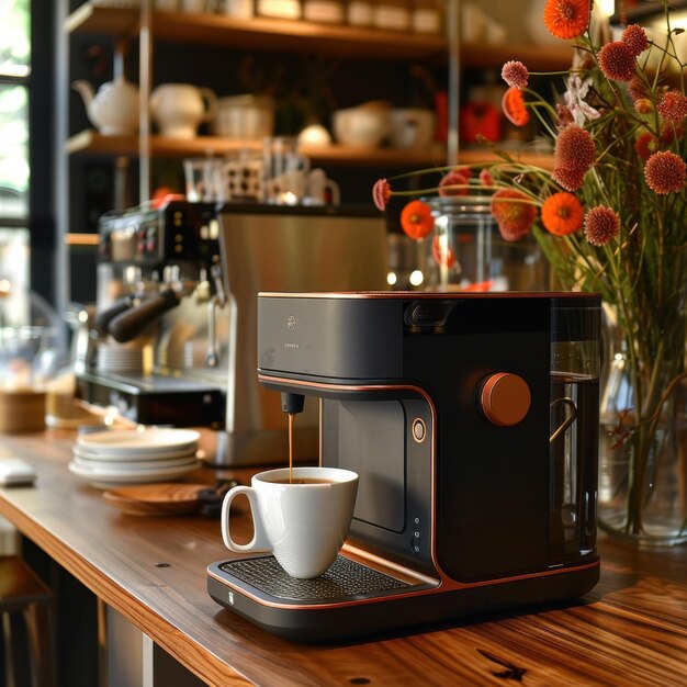 Modern coffee machine brewing espresso in a cozy cafe