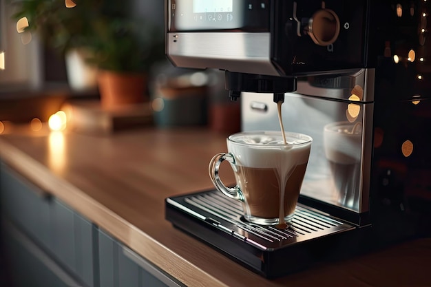 Modern Coffee Machine Pouring Milk in a Kitchen Setting