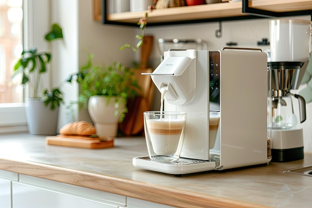 Modern Coffee Machine Pouring Milk in a Kitchen Setting