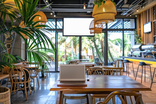 Modern coffee shop or restaurant seating space with portable notebook laptop mockup