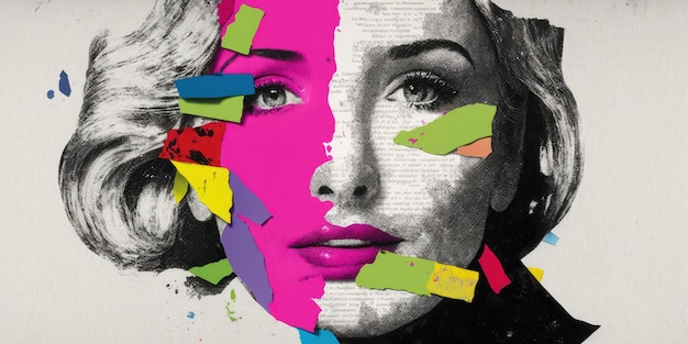 Modern collage art of female face with colored stripes and other elements pop culture AI generated