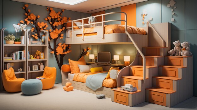 A modern and colorful bedroom with a tree mural and bunk beds