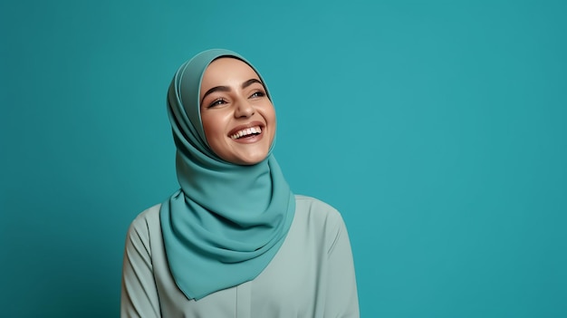 modern colorful stylish outfit photoshoot of a smiling young Muslim hijab woman model trendy girl