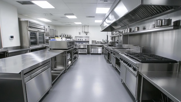 Modern Commercial Kitchen with Stainless Steel Appliances Professional Equipment and Organized Setup