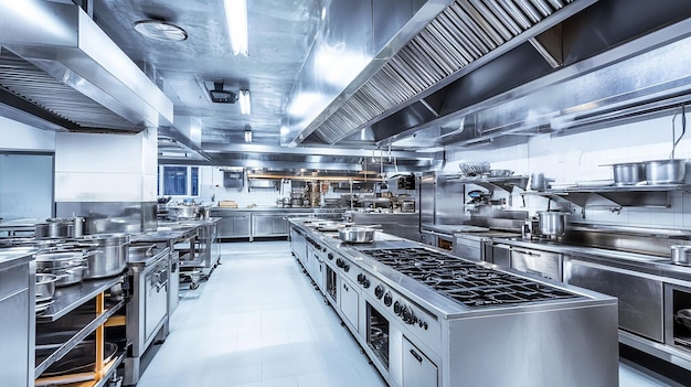 Modern Commercial Kitchen with Stainless Steel Appliances Professional Equipment and Organized Setup