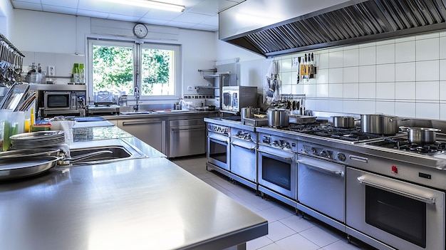 Modern Commercial Kitchen with Stainless Steel Appliances Professional Equipment and Organized Setup