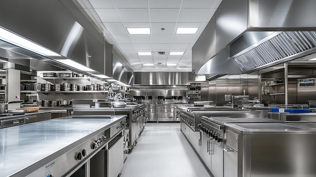 Modern Commercial Kitchen with Stainless Steel Appliances Professional Equipment and Organized Setup