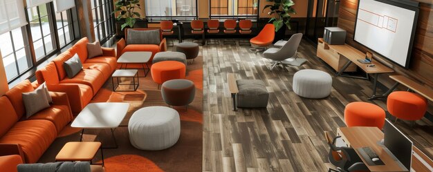 Photo modern communal lounge area with vibrant orange and gray seating stylish decor and a large tv screen