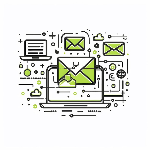 Modern Communication Sending New Messages in Stylish Black and Green Outline Illustration