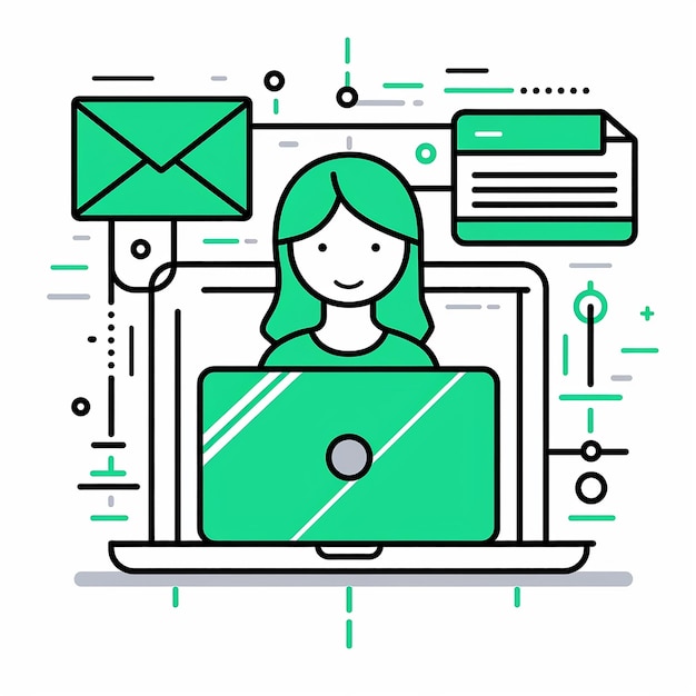 Modern Communication Sending New Messages in Stylish Black and Green Outline Illustration