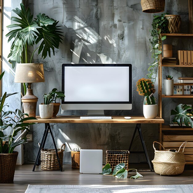 Photo modern computer desktop with blank screen on table in office interior stylish workplace isolated