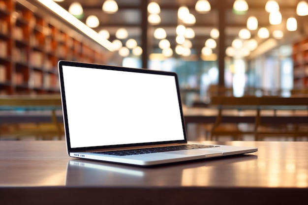 Modern computer laptop with blank screen on blur library working space background